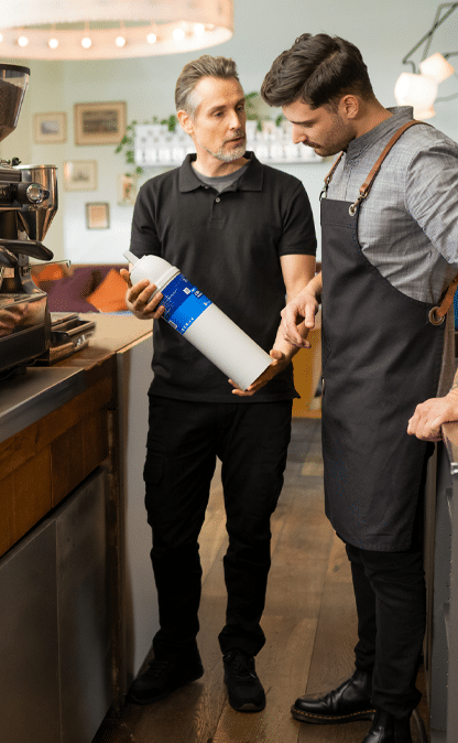 technician explaining water filtration system to barista