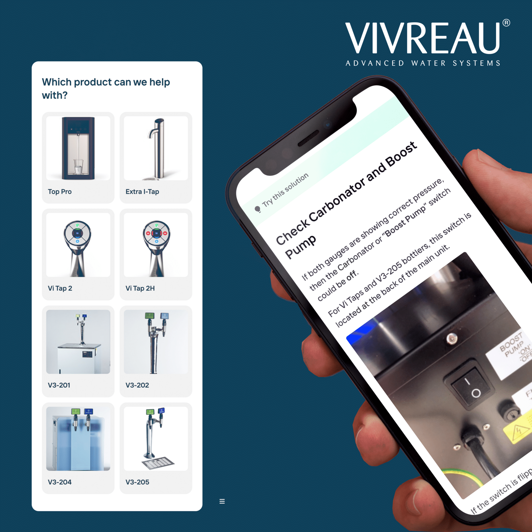 Vivreau AI troubleshooting interface displayed on a smartphone with product selection panel