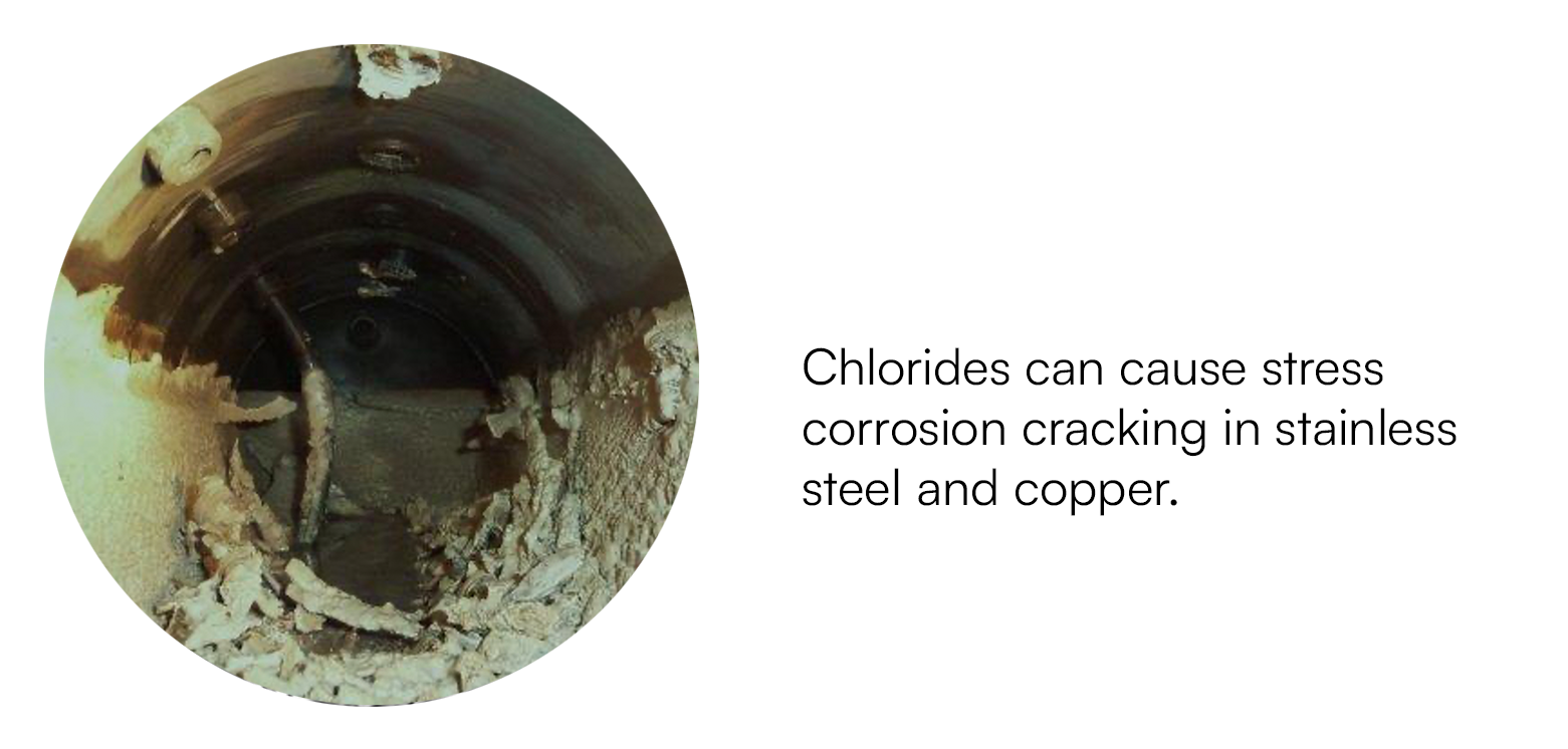 Close-up image of internal corrosion damage inside a metal pipe caused by chlorides, illustrating stress corrosion cracking in stainless steel and copper