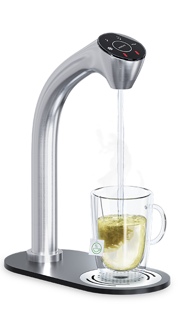 Vivreau Vi Tap dispensing hot water into a glass cup for tea preparation