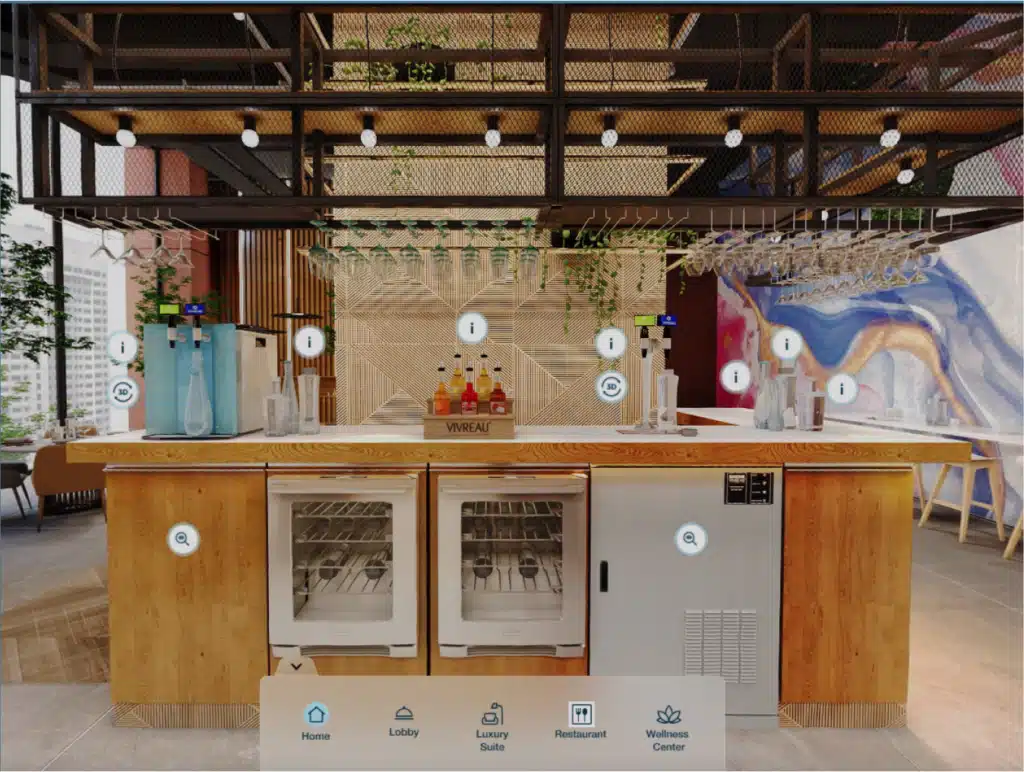 Virtual showroom showcasing Vivreau sustainable water dispensers, a modern bar setup with interactive elements, and luxury hydration solutions.