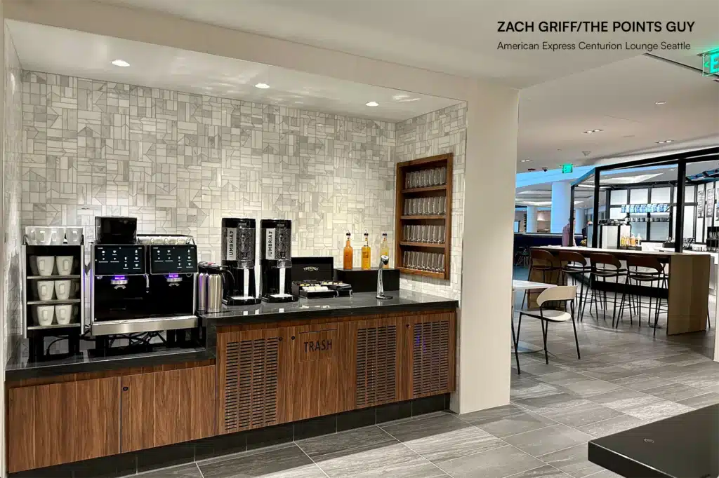 American Express Centurion Lounge Seattle beverage station featuring Vivreau water dispensers and other drink options