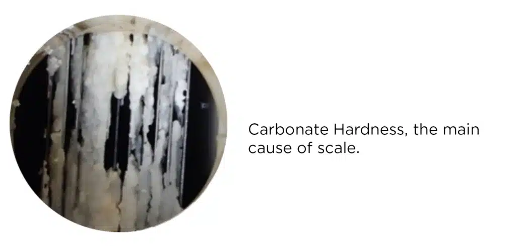 Close-up image showing scale buildup caused by carbonate hardness in equipment