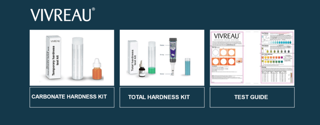 Vivreau water testing kits including carbonate hardness kit, total hardness kit, and test guide displayed